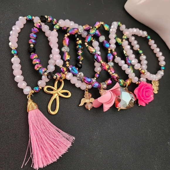 Hand Made Set of 7 AB Pink Crystal Glass Bracelets with Gold Charms Semanario - Picture 1 of 7